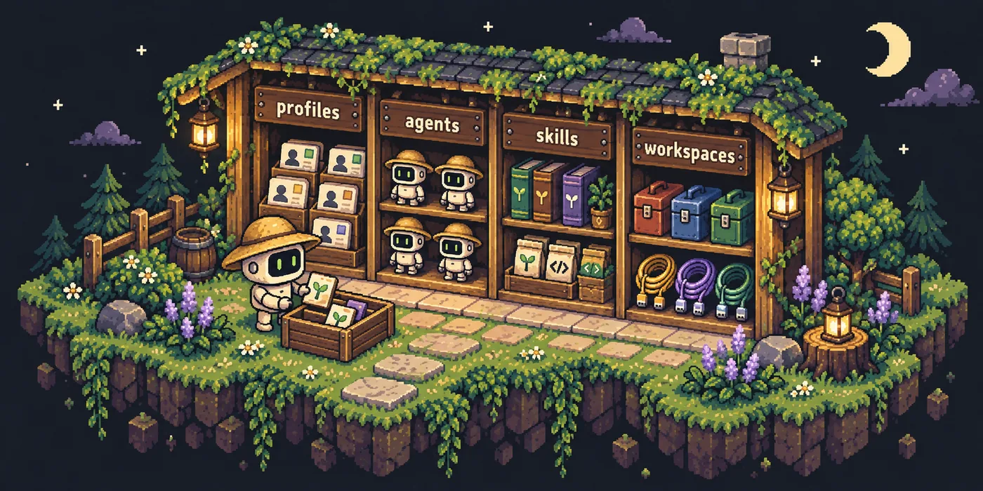 A pixel-art farm shed with four compartments: profile cards, robot agents, skill books, and workspace toolboxes.
