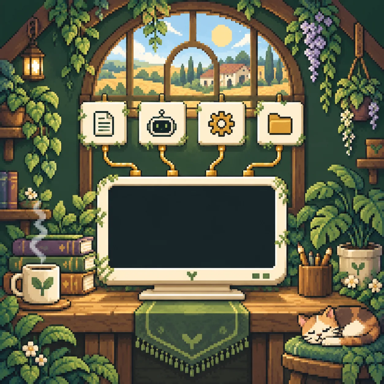 A cozy pixel-art workbench: four setup cards connect to a cream terminal, framed by plants, books, and a sleeping cat.